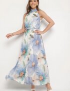 pretty Rochie Albastră cu Pliuri Legătură și Curea cu Cataramă Nitenna