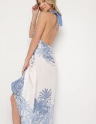 pretty Rochie Albastră cu Viscoză și Motiv Palmieri cu Legătură Izomara