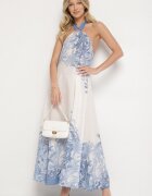 pretty Rochie Albastră cu Viscoză și Motiv Palmieri cu Legătură Izomara