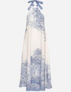 pretty Rochie Albastră cu Viscoză și Motiv Palmieri cu Legătură Izomara