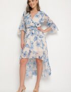 pretty Rochie Albastră de bumbac petrecută cu croi asimetric cu cordon de legat Niteira