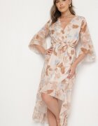 pretty Rochie Bej De Bumbac Petrecută cu Croială Asimetrică și Cordon Legat Niteira