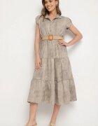 pretty Rochie Bej Decorată cu Curea Împletită și Nasturi Filianea