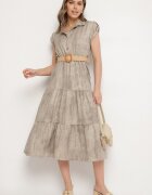 pretty Rochie Bej Decorată cu Curea Împletită și Nasturi Filianea