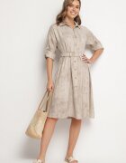 pretty Rochie Bej tip cămașă cu curea cu cataramă Evelmio