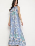 pretty Rochie bleumarin satinată cu flori cu legătură decorativă Fenasella