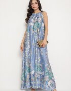 pretty Rochie bleumarin satinată cu flori cu legătură decorativă Fenasella