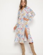 pretty Rochie cloș florală albastru deschis cu decolteu în V și talie elastică Janitra