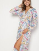 pretty Rochie cloș florală albastru deschis cu decolteu în V și talie elastică Janitra