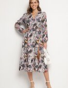 pretty Rochie Cloș Neagră cu flori cu decolteu în V și elastic în talie Janitra