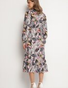 pretty Rochie Cloș Neagră cu flori cu decolteu în V și elastic în talie Janitra