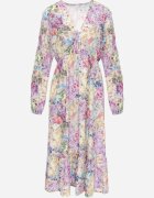 pretty Rochie Evazată Galbenă cu Flori cu Decolteu în V și Elastic în Talie Janitra
