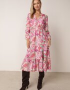 pretty Rochie Evazată Roz cu Imprimeu Floral cu Decolteu în V și Elastic în Talie Janitra