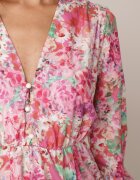pretty Rochie Evazată Roz cu Imprimeu Floral cu Decolteu în V și Elastic în Talie Janitra
