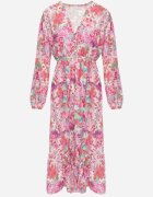 pretty Rochie Evazată Roz cu Imprimeu Floral cu Decolteu în V și Elastic în Talie Janitra