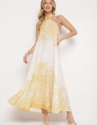 pretty Rochie Galbenă cu Vâscoză și Motiv de Palmieri cu Legătură Izomara