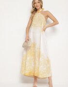 pretty Rochie Galbenă cu Vâscoză și Motiv de Palmieri cu Legătură Izomara