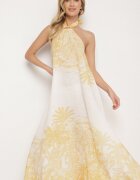 pretty Rochie Galbenă cu Vâscoză și Motiv de Palmieri cu Legătură Izomara
