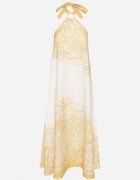 pretty Rochie Galbenă cu Vâscoză și Motiv de Palmieri cu Legătură Izomara