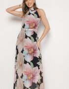 pretty Rochie Neagră cu Pliuri Legătură și Curea cu Cataramă Nitenna
