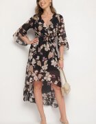 pretty Rochie neagră din bumbac petrecută cu croială asimetrică și cordon legat Niteira