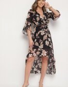 pretty Rochie neagră din bumbac petrecută cu croială asimetrică și cordon legat Niteira