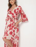 pretty Rochie Roșie de bumbac Petrecută cu Croială Asimetrică cu Centură de Legat Niteira