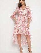 pretty Rochie Roz din Bumbac Petrecută cu Croială Asimetrică și Cordon Niteira