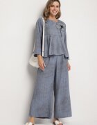 pretty Set Albastru Bluză cu evază și aplicație florală și Pantaloni lejeri Ravirisa