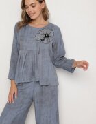 pretty Set Albastru Bluză cu evază și aplicație florală și Pantaloni lejeri Ravirisa