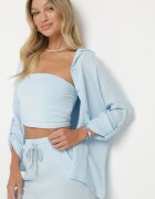 pretty Set Albastru deschis de bumbac de muselină Cămașă cu Mâneci Reglabile și Pantaloni Janilene