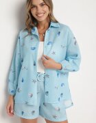 pretty Set Albastru deschis din Viscoză Cămașă și Pantaloni scurți cu Motiv Marin Reivienne