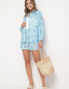 pretty Set Albastru deschis din Viscoză Cămașă și Pantaloni scurți cu Motiv Marin Reivienne
