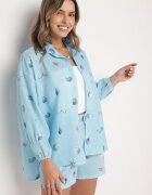 pretty Set Albastru deschis din Viscoză Cămașă și Pantaloni scurți cu Motiv Marin Reivienne