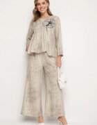 pretty Set Bej Bluză cu Tiv Evazat și Aplicație Floare și Pantaloni Largi Ravirisa