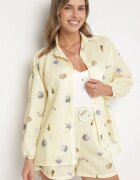 pretty Set Galben din Viscoză Cămașă și Pantaloni Scurți cu Motiv Marin Reivienne