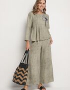 pretty Set Verde deschis Bluză cu bază evazată și Aplicație floare și Pantaloni largi Ravirisa