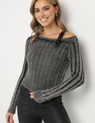  Pulover Negru cu Bandă Decorativă la Umăr și Împletitură Alvoria