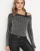  Pulover Negru cu Bandă Decorativă la Umăr și Împletitură Alvoria