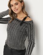  Pulover Negru cu Bandă Decorativă la Umăr și Împletitură Alvoria
