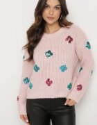  Pulover roz pal din tricotaj în relief cu viscoză decorat cu flori cu paiete Edamara