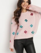  Pulover roz pal din tricotaj în relief cu viscoză decorat cu flori cu paiete Edamara