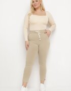 queene Pantaloni Bej Skinny cu șnur în talie și buzunare Irfana