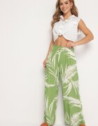 r&f fashion Pantaloni Culotte din viscoză verde deschis cu talie înaltă și elastic în talie decorați cu frunze Vimarissa