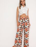 r&f fashion Pantaloni Portocaliu-Negru Floral Viscoză cu Croi Larg cu Talie Înaltă și Elastic în Talie Cenonea
