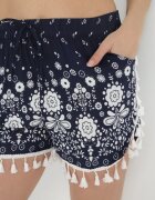 r&f fashion Pantaloni scurți bleumarin de bumbac cu flori cu franjuri și elastic în talie Elizbeth
