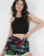r&f fashion Pantaloni scurți Bleumarin din Viscoză cu Imprimeu Floral cu Elastic în Talie și Inserție din Dantelă Lamis