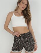 r&f fashion Pantaloni scurți negri din Viscoză cu Flori cu Elastic în Talie și Inserție din Dantelă Davona