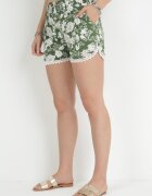 r&f fashion Pantaloni scurți Verzi din Viscoză cu Imprimeu Floral cu Elastic în Talie și Dantelă Ailey