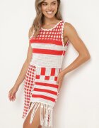 r&f fashion Rochie Alb-Roșu Mulată din Bumbac cu Finisaj Ajurat fără Mâneci Balmalia